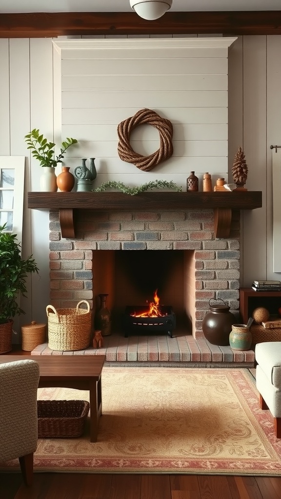 A cozy farmhouse living room with a brick fireplace, wooden mantel, and rustic decor.