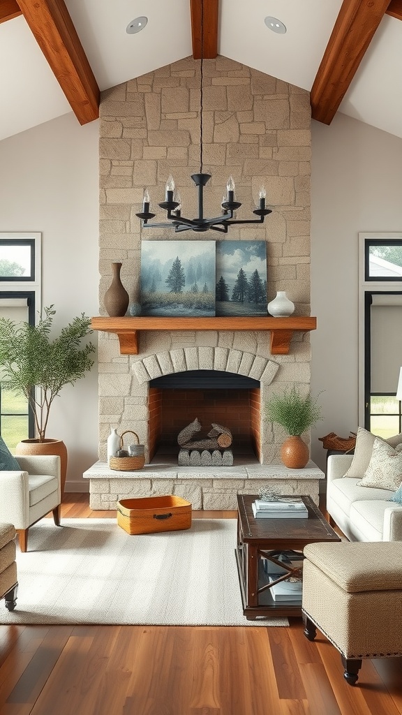 A cozy farmhouse living room featuring a natural stone fireplace with wooden beams, tasteful decor on the mantel, and comfortable seating.