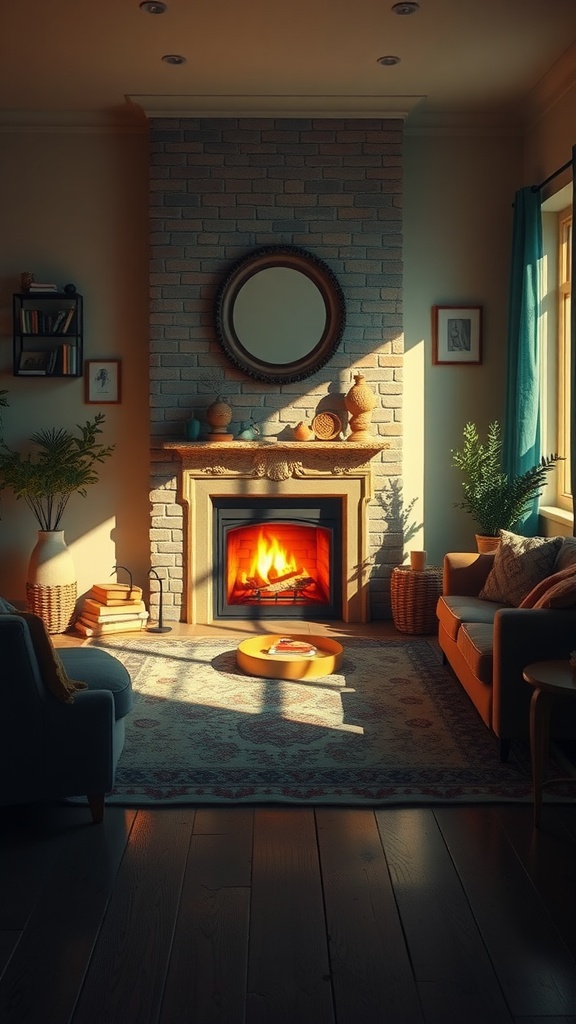 Cozy living room with a fireplace glowing warmly, inviting seating, and decorated with plants and art.