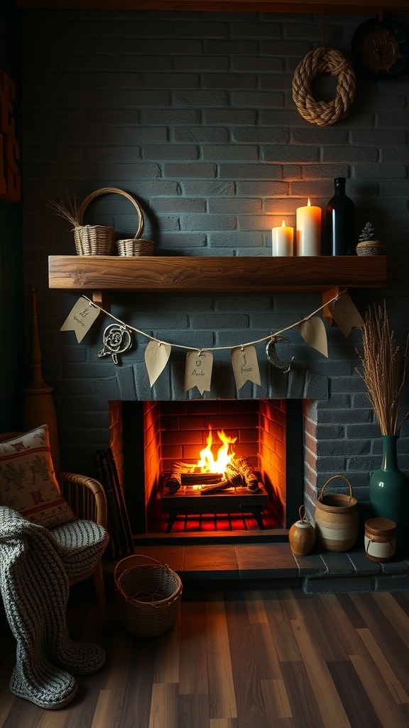 A cozy fireplace nook featuring rustic decor, with a warm fire, woven baskets, candles, and a comfortable chair.