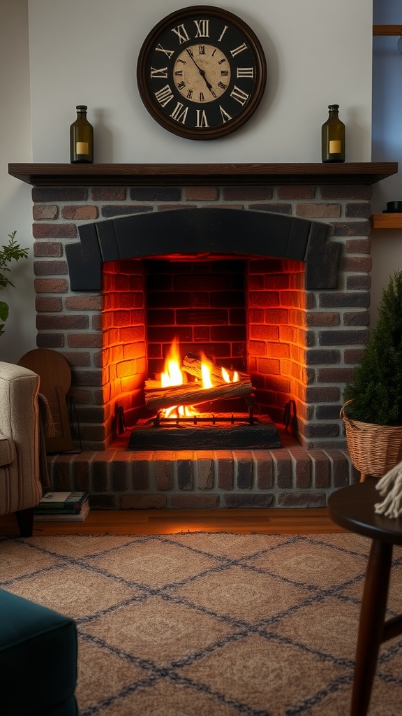 A cozy fireplace with flames, surrounded by a rustic brick wall and a wooden mantle, decorated with a clock and bottles.