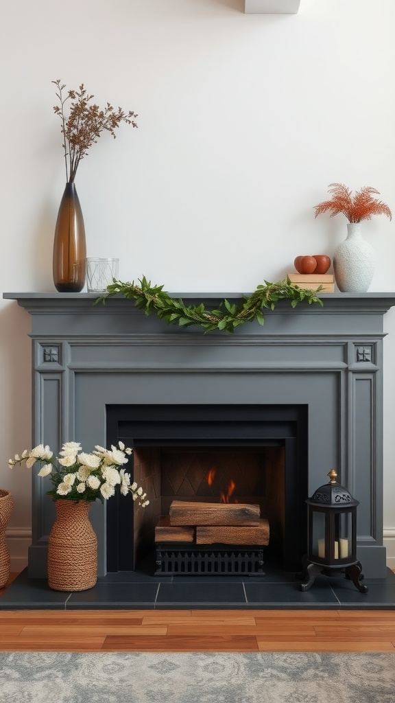 A modern farmhouse fireplace with a grey surround, featuring decorative items on the mantel and wood logs in the firebox.