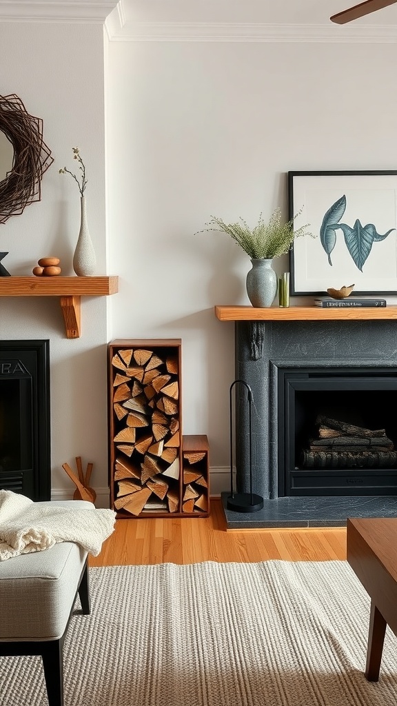 Firewood storage solution in a rustic farmhouse living room with a fireplace