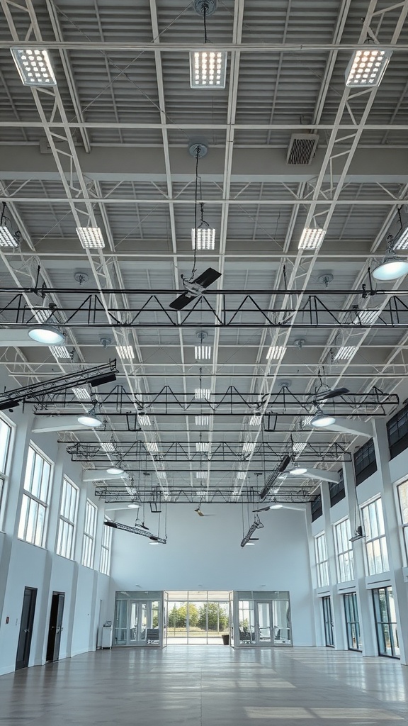 Interior of a spacious room with high ceilings and large windows, featuring multiple ceiling lights and a ceiling fan.