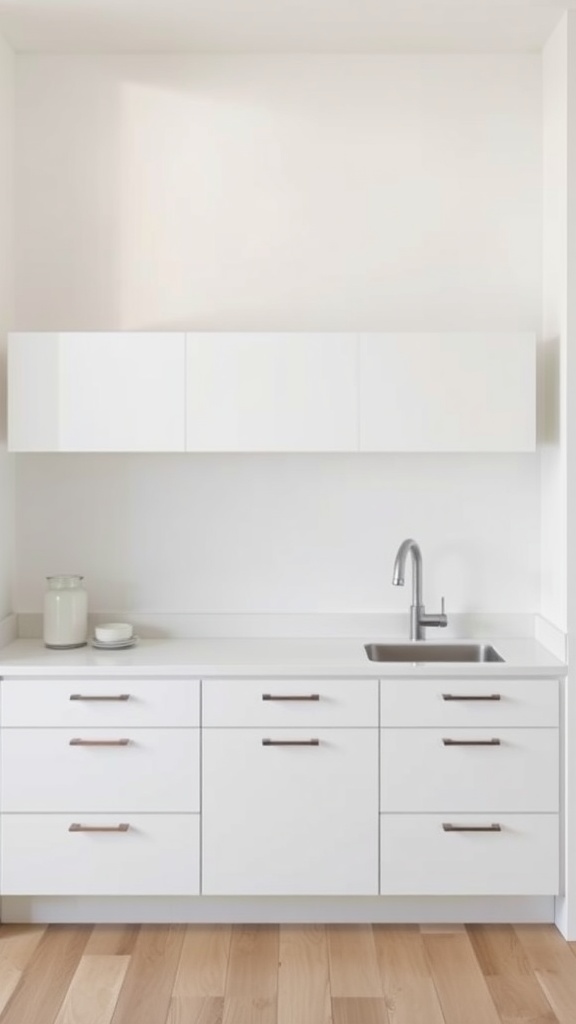 A modern kitchen with floating white cabinets and a minimalist countertop.