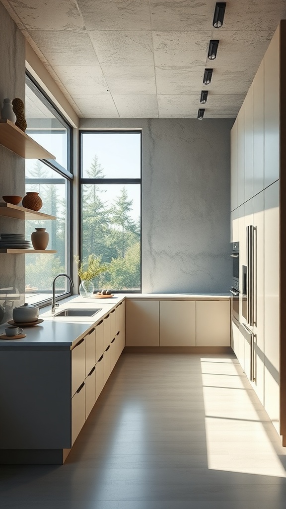 Modern kitchen with floating cabinets, large windows, and natural light