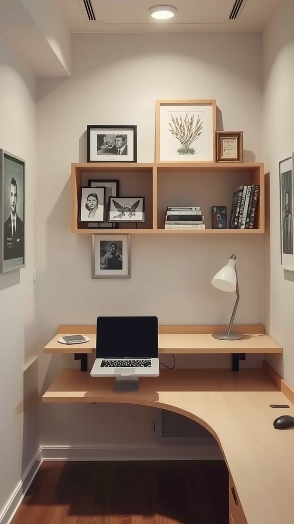 A corner floating desk with shelves above, laptop on the desk, and framed pictures on the wall.