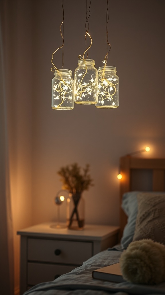 Three hanging jars filled with fairy lights, creating a warm glow in a cozy bedroom setting.