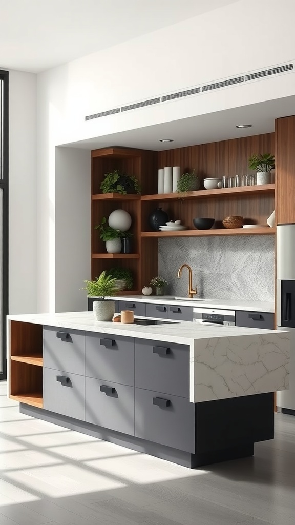 A modern kitchen featuring a floating island with storage and open shelving.