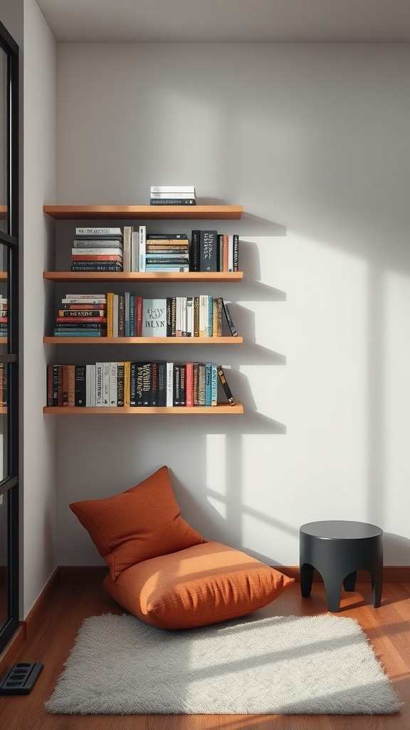 Cozy reading nook with floating shelves and a comfy floor cushion