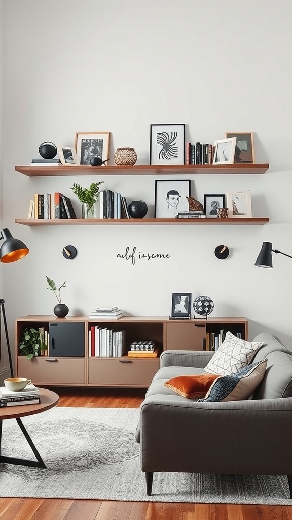 Modern living room with floating shelves displaying books and decor items.