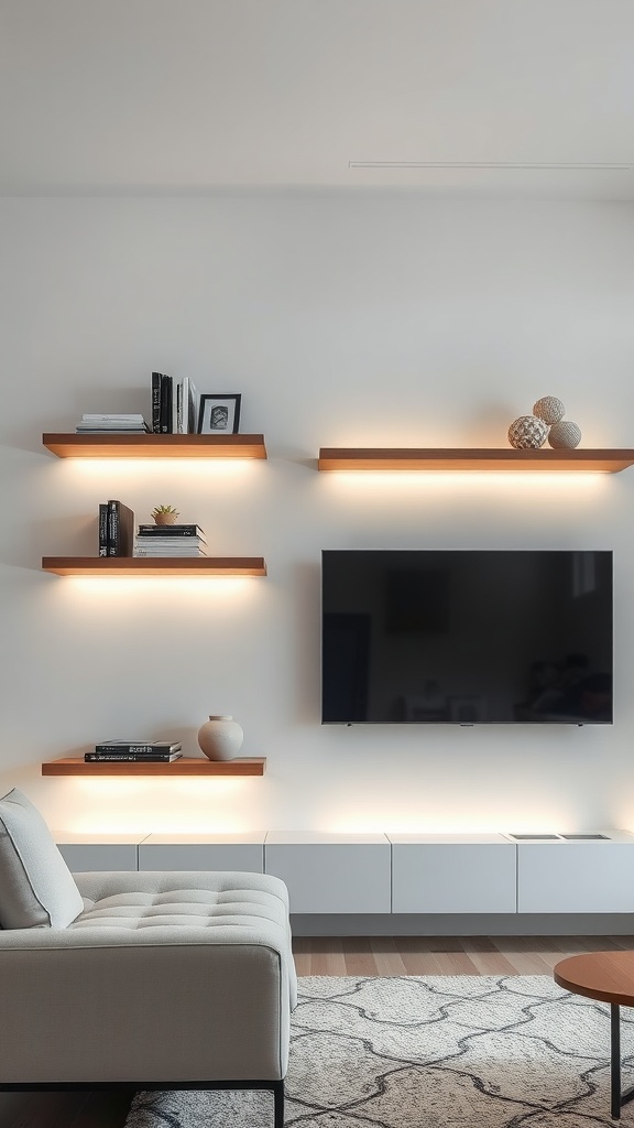 A modern living room featuring floating shelves with built-in lighting displayed on a wall, showcasing decorative items and books.