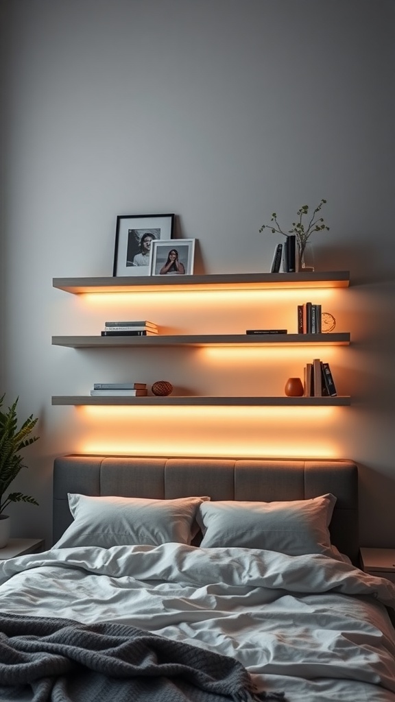 Floating shelves with LED lights above a bed in a cozy bedroom