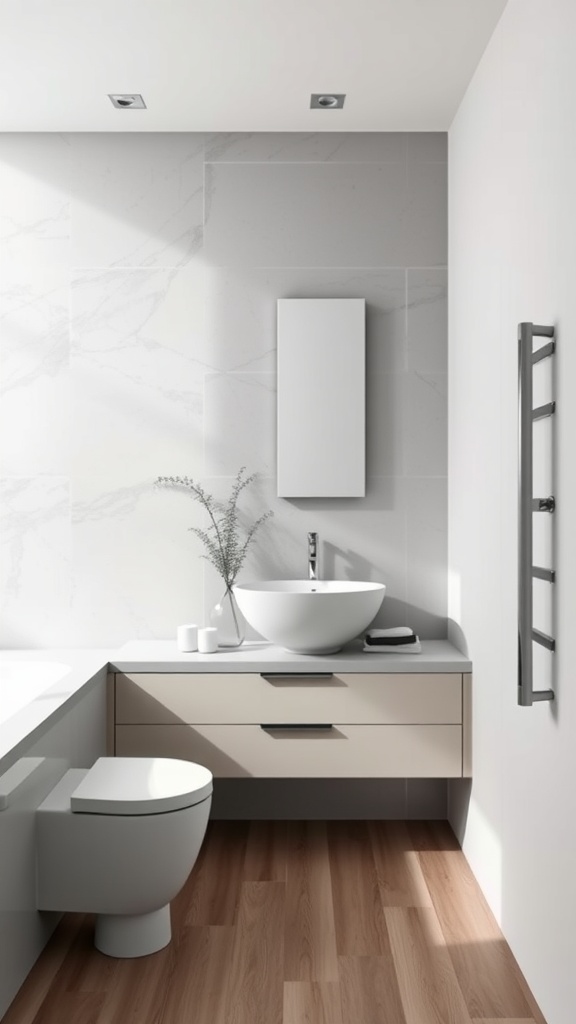 Modern bathroom featuring a floating vanity with a round basin, neutral colors, and wooden flooring.