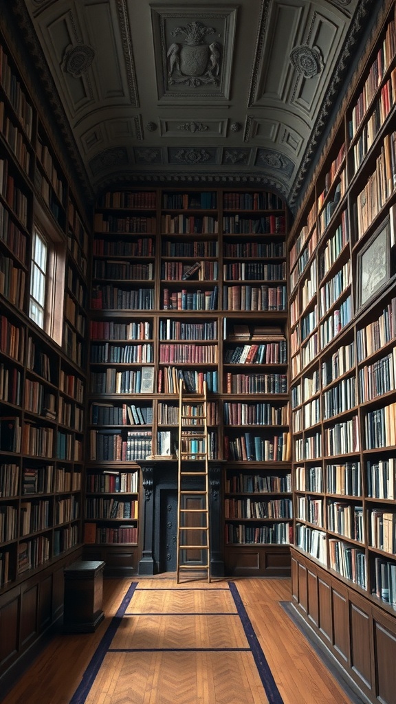 A home library with floor-to-ceiling bookshelves and a wooden ladder