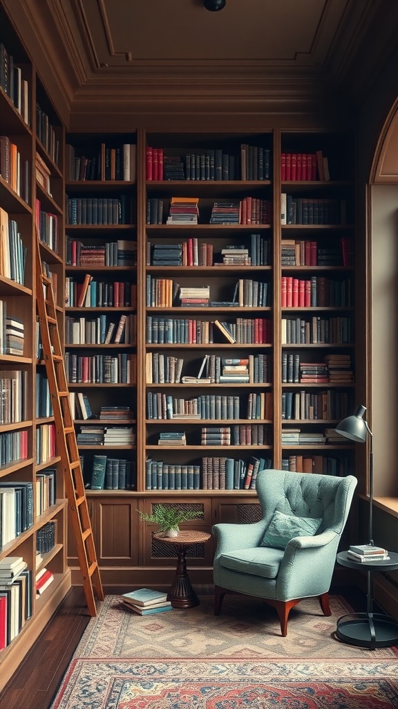 Cozy home library with floor-to-ceiling bookshelves, a comfortable armchair, and a wooden ladder