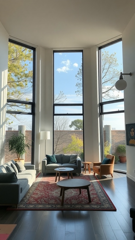 Cozy living room with floor-to-ceiling windows allowing natural light into the space.