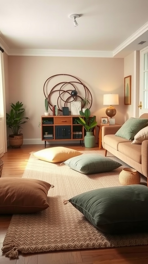 A cozy living room featuring floor cushions and soft lighting.