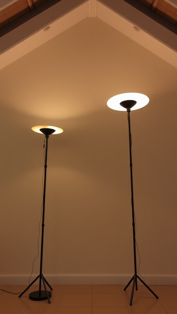 Two floor lamps with different light settings positioned under a vaulted ceiling