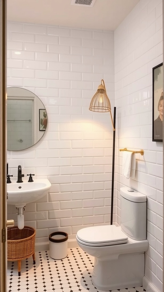 A stylish bathroom featuring a floor lamp, round mirror, and modern fixtures.