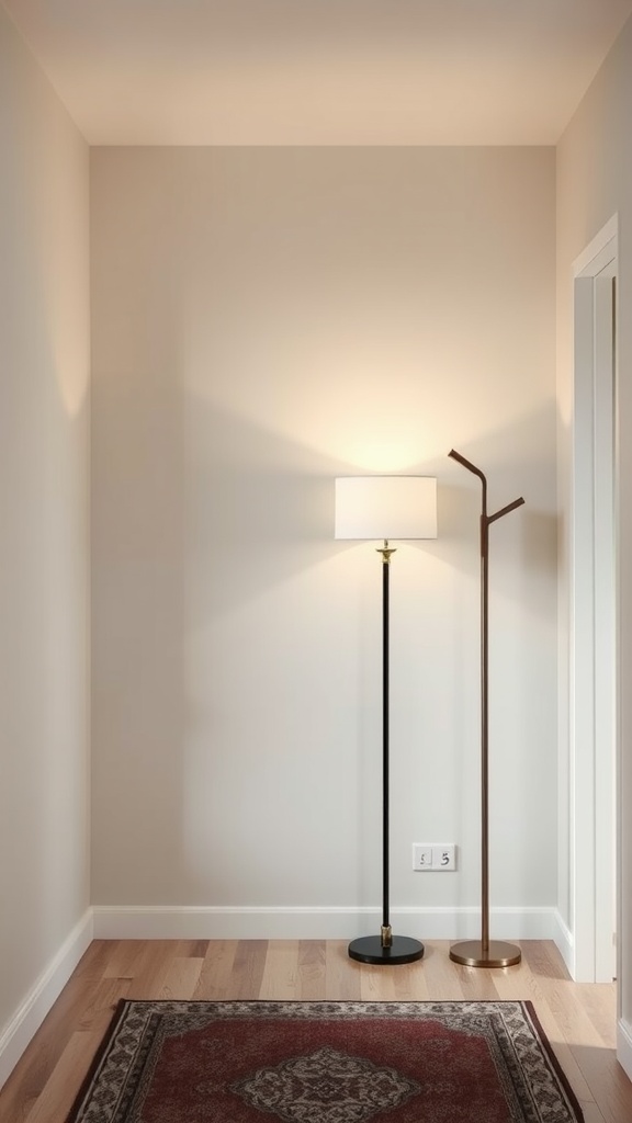 An entrance hall featuring two stylish floor lamps, one black and one gold, beside a decorative rug.