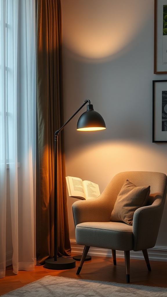 Cozy reading nook with a floor lamp and a comfortable chair, showcasing warm light and a peaceful atmosphere.