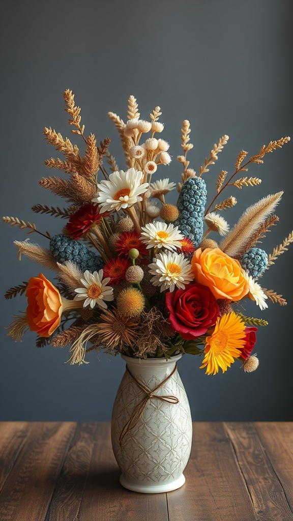 A vibrant floral arrangement featuring dried flowers in a decorative vase.