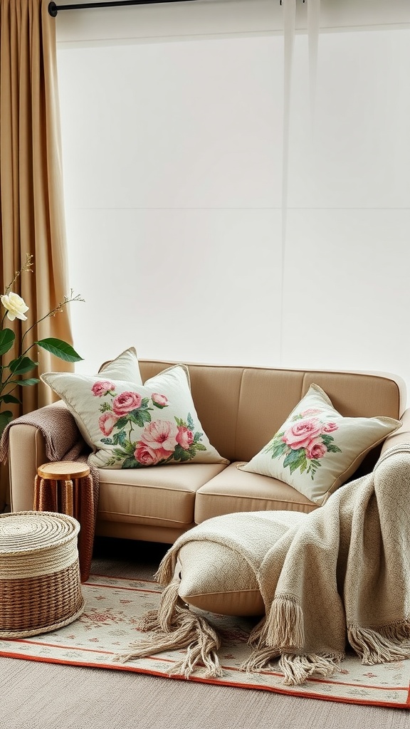 Cozy living room with floral patterned cushions on a sofa, a woven basket, and a warm blanket.