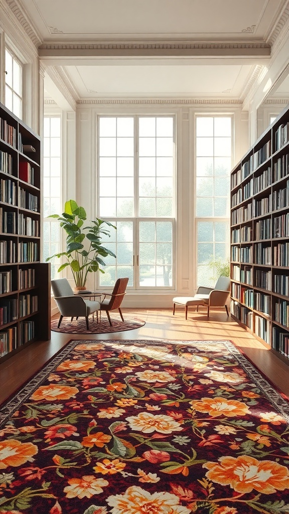 A bright library with a floral patterned rug, surrounded by bookshelves and natural light.