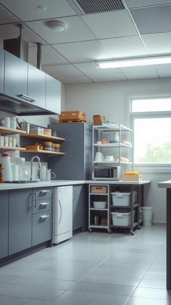 A modern kitchen with fluorescent lighting overhead, featuring dark cabinets and organized workspace.