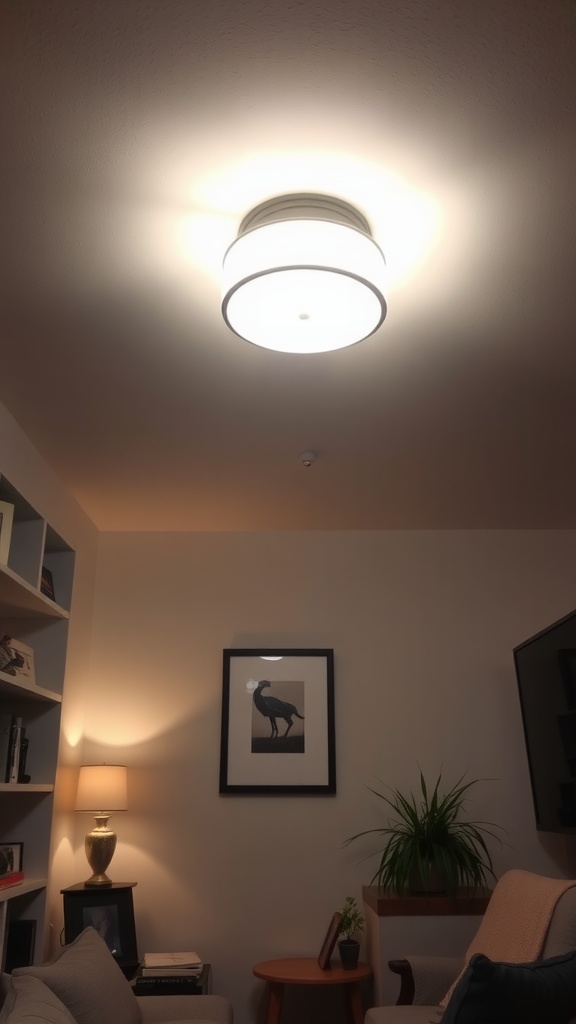 Modern flush mount ceiling fixture in a cozy living room