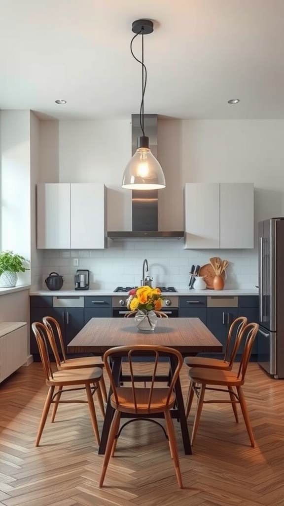 A stylish pendant light above a wooden dining table in a modern kitchen.