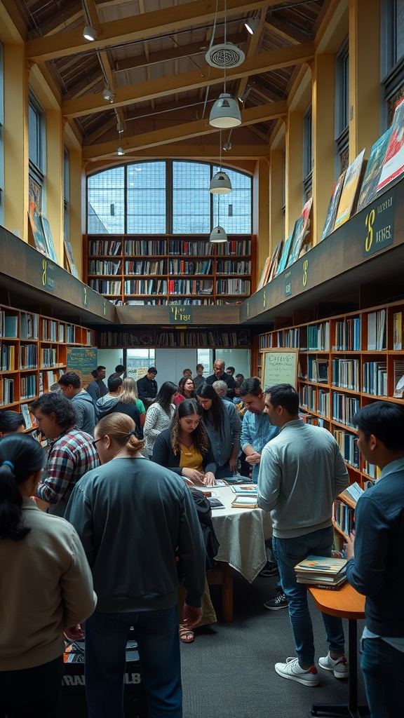 A bustling library event with many people engaged in activities and discussions.