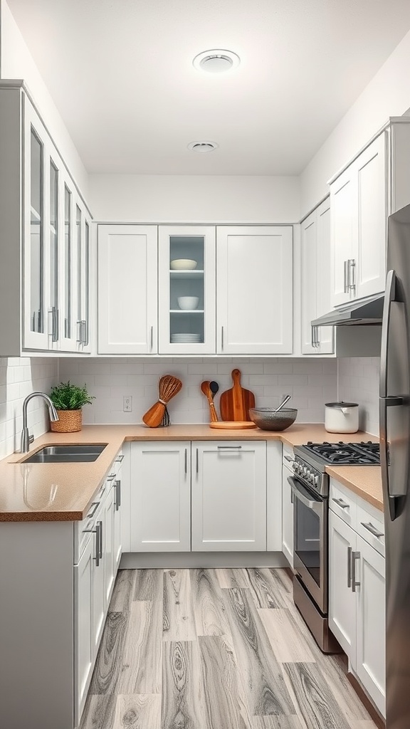 A modern U-shaped kitchen with white cabinets, light countertops, and wooden accents.