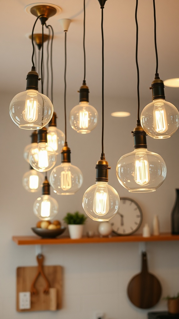 Stylish hanging light bulbs in a modern kitchen setting.