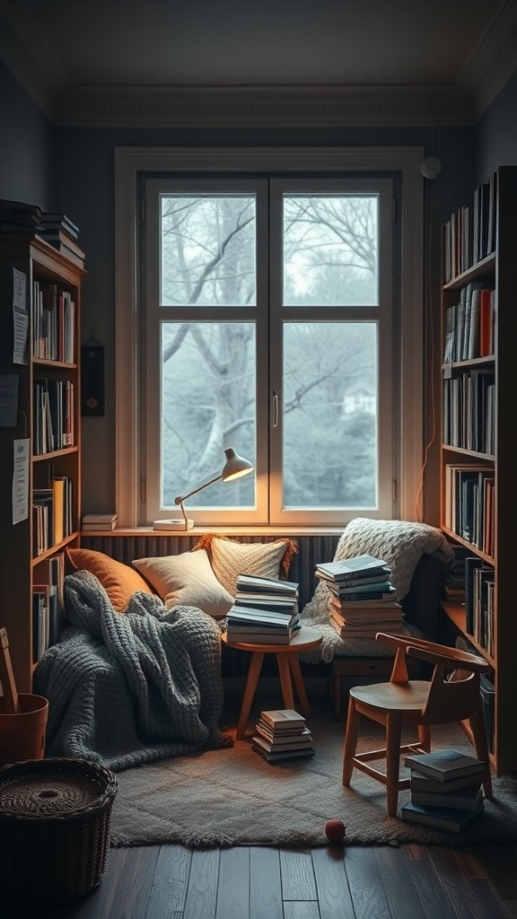 Cozy reading nook with blue-gray walls, books, and soft textures illuminated by natural light.