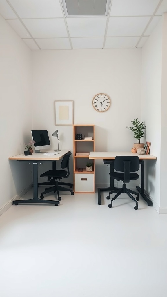 A bright small home office setup featuring two foldable desks with black chairs, minimal decor, and a storage unit.