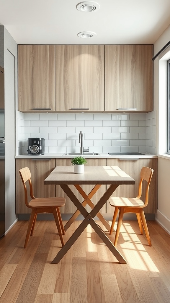 A minimalistic kitchen featuring a foldable dining table with two chairs, a potted plant on the table, and light wood cabinetry.