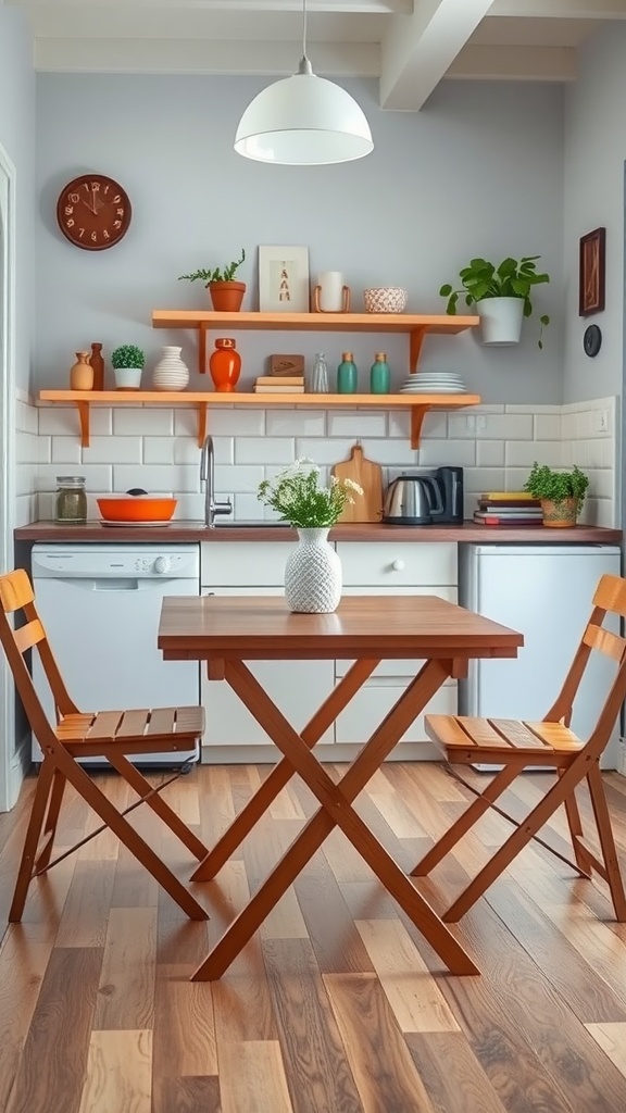 A cozy kitchen featuring a foldable wooden dining table with two chairs, surrounded by shelves filled with decorative items and plants.