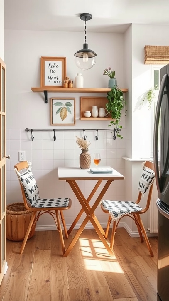A cozy small kitchen featuring a foldable table and two chairs, with decor and plants.