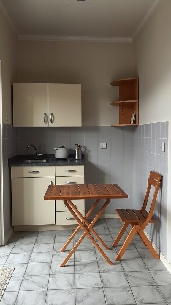 A small kitchen featuring a foldable wooden table and chair