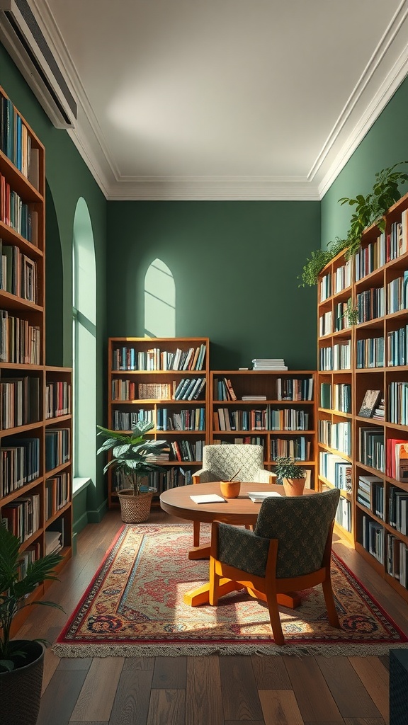 Cozy reading nook with forest green walls, wooden bookshelves, and bright sunlight.