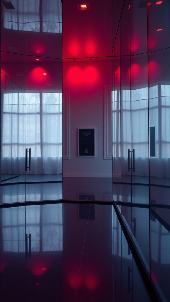 Interior room featuring reflective surfaces and red lighting