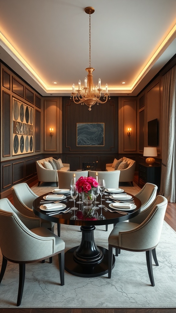 Elegant formal dining area with a round black table, cream chairs, and sophisticated lighting