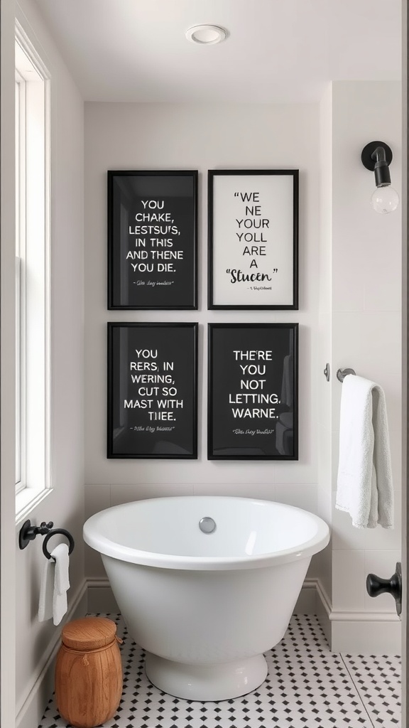 A modern bathroom with four framed inspirational quotes on the wall above a white bathtub.