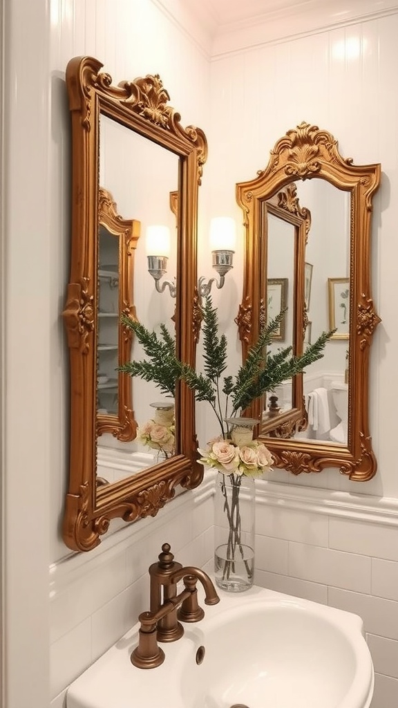 Two vintage mirrors with ornate frames above a sink in a small transitional bathroom