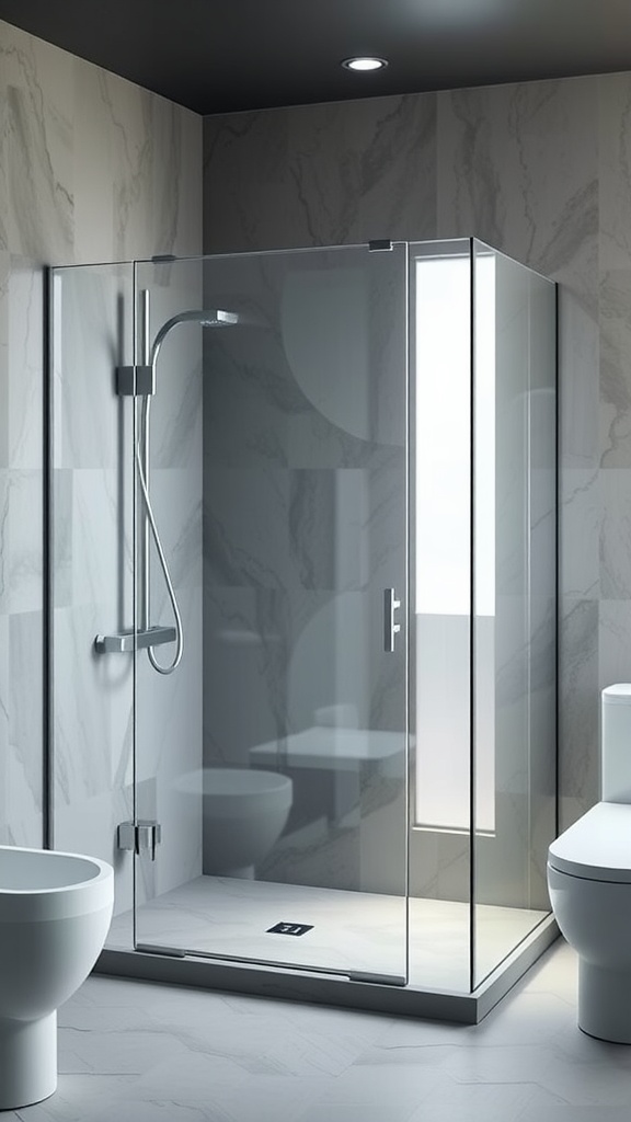 A modern frameless glass shower in a stylish bathroom