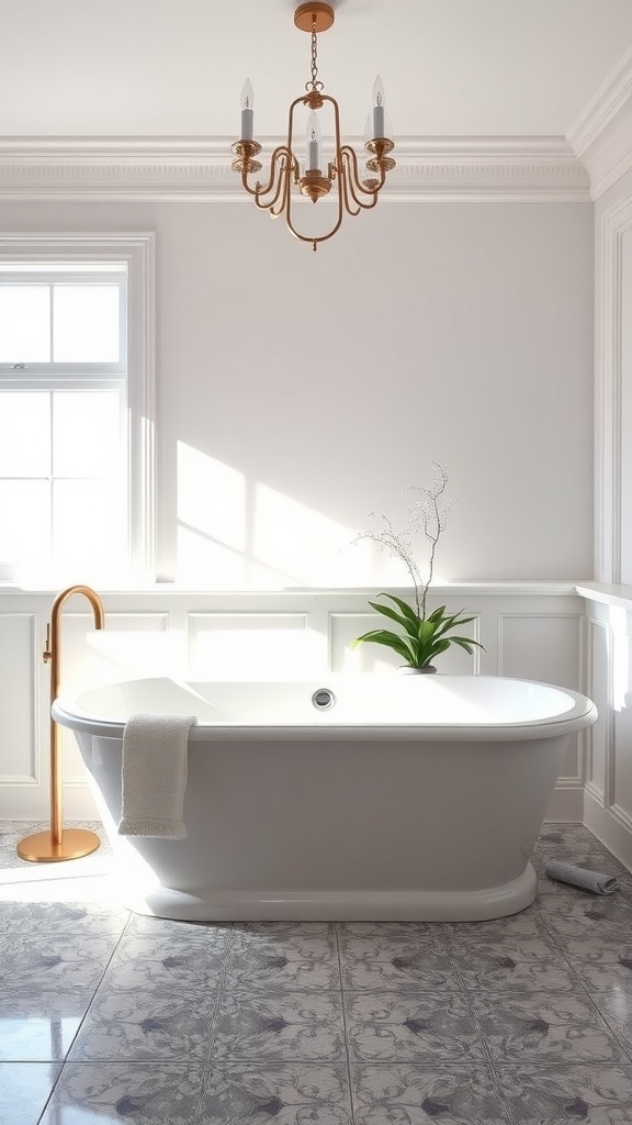 A bright bathroom featuring a freestanding bathtub with gold fixtures and a small plant on the edge.