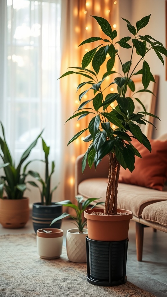 A cozy living room with plants and twinkling lights in the background