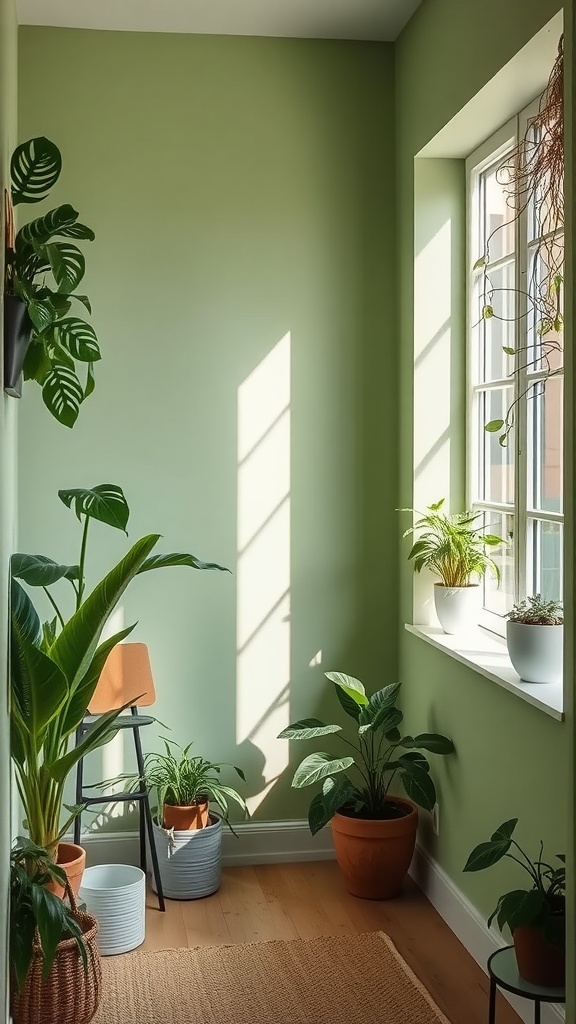 A small room with light green walls, plants, and sunlight coming through the window.